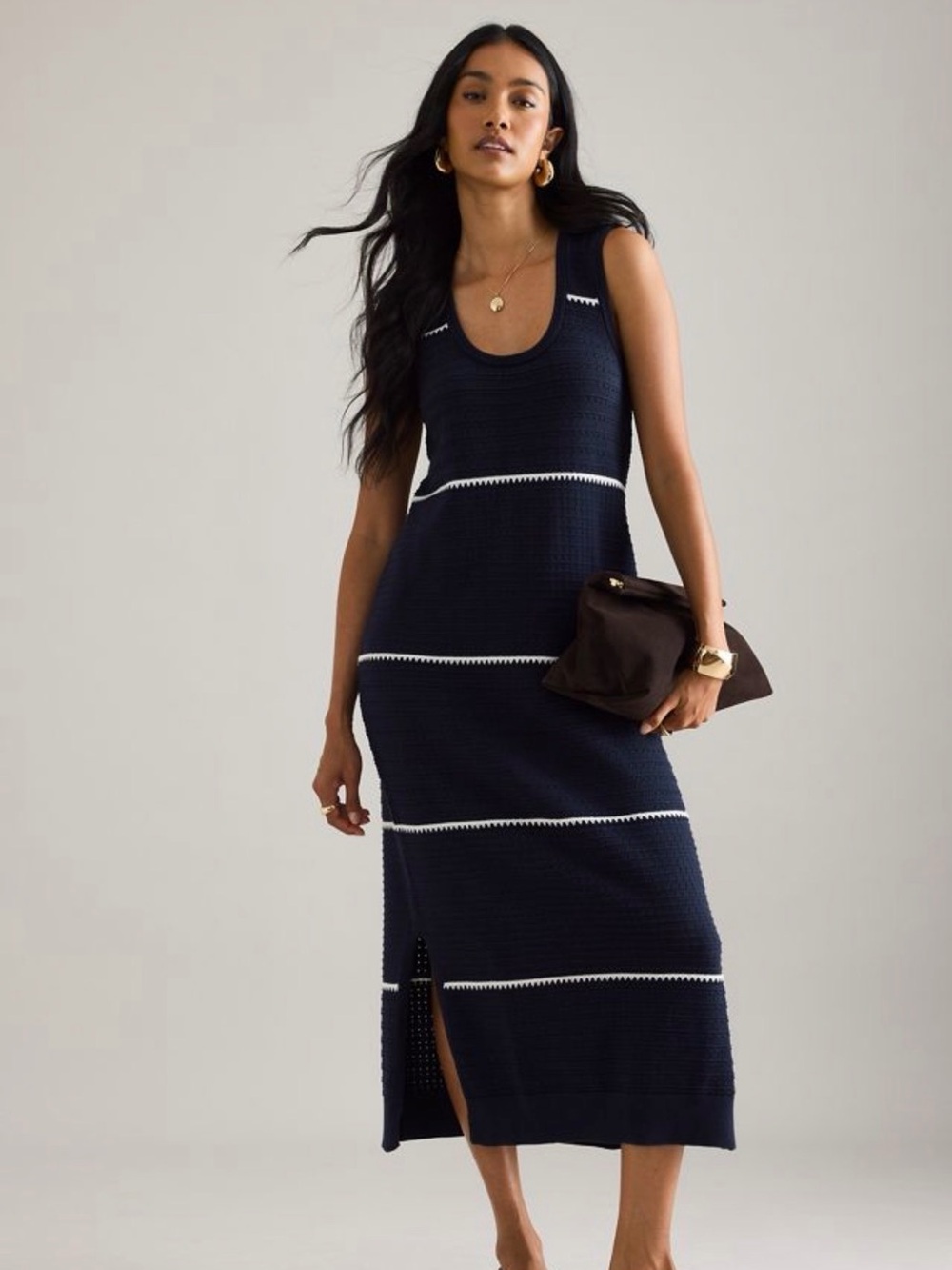 Varley Scott Scoop Neck Midi Dress Navy White Cotton Knit Lg